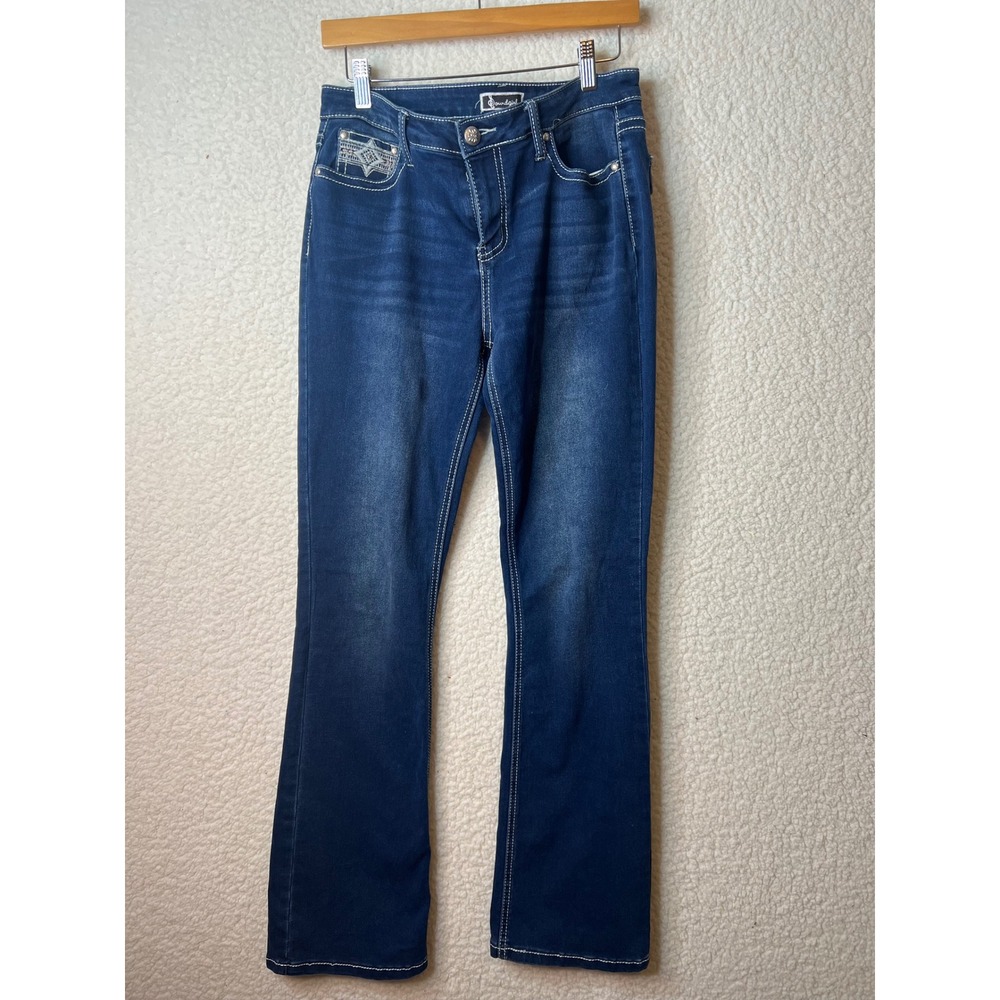 Soundgirl Womens Dark Wash Bootcut Jeans Embroidered Flap Pocket Blue Size 9